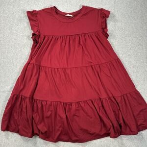 Entro Babydoll Tiered Mini Dress Women's Small Crimson Flutter Sleeve Crew Neck